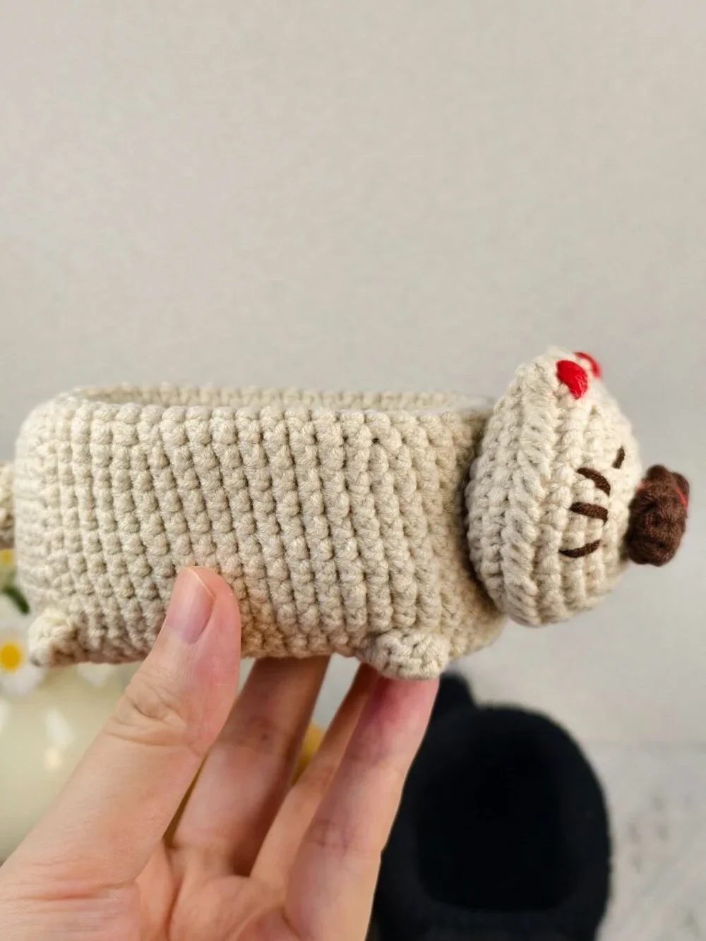 Handmade Amigurumi Crochet Gray Kitten Shaped Storage Box